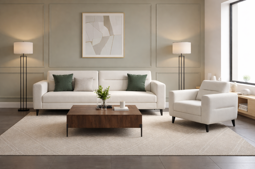 Canapé beige minimalist dans un salon lumineux